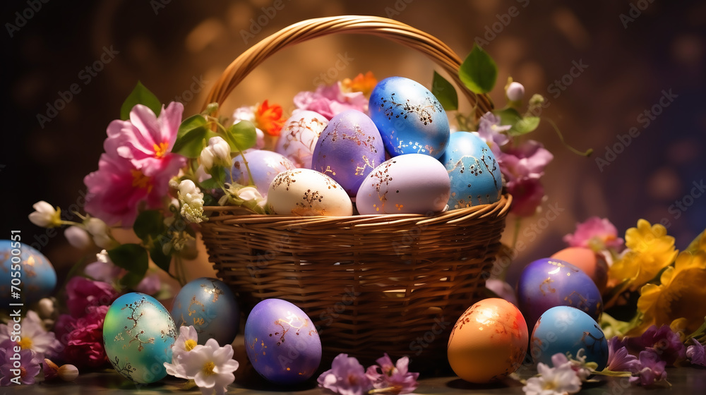Banner Elegant Easter eggs in basket with spring flowers, perfect for festive holiday backgrounds and seasonal greetings. AI Generative Banner Elegant Easter eggs in basket with spring flowers, perfect for festive holiday backgrounds and seasonal greetings. AI Generative