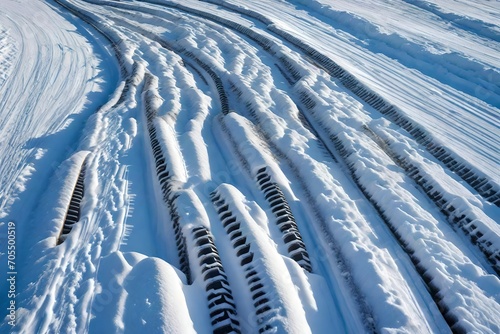 Snow-covered tire tracks in the snow.