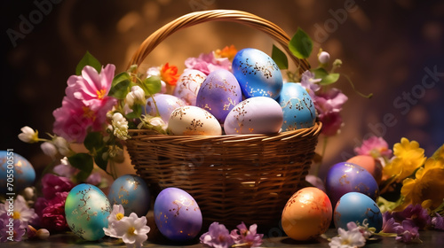 Banner Elegant Easter eggs in basket with spring flowers, perfect for festive holiday backgrounds and seasonal greetings. AI Generative