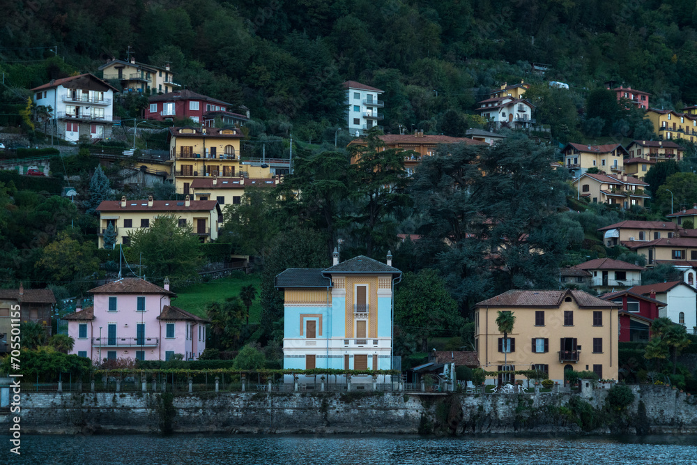 Multicolored houses along Lake Como, Italy