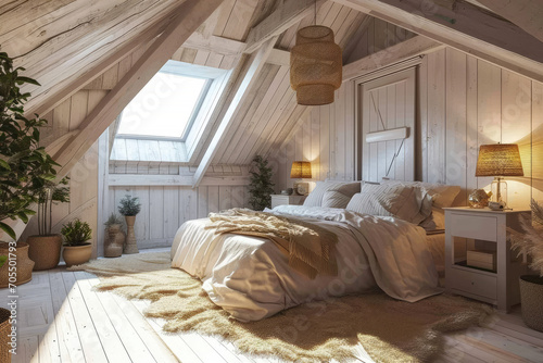 Interior cozy and wooden style of Bedroom that decorated with warm tone of oak wood, beige bed, lamp, rug and modern furniture, contemporary house room.