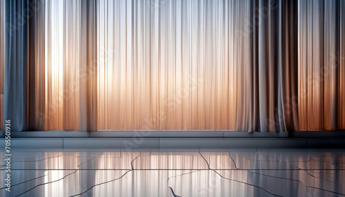 Lichtdurlässiger Vorhang vor einer Fensterfront. Lichtbrechung und Spiegelung auf dem Fußboden. photo