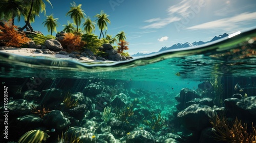 Split View With Tropical Island Water Lines And Coral Reefs - photo