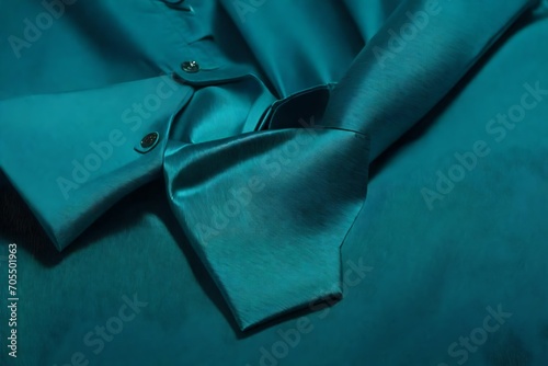 Teal dress shirt paired with a matching tie.