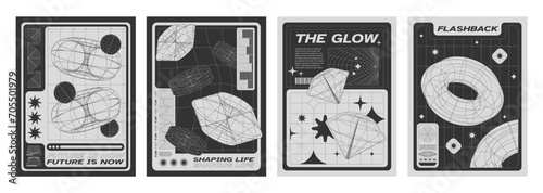 Set of retro futuristic y2k geometric posters. Vector realistic illustration of trendy retrowave flyers with 3D wireframe globe, torus, diamond shape elements and text on mesh landscape background