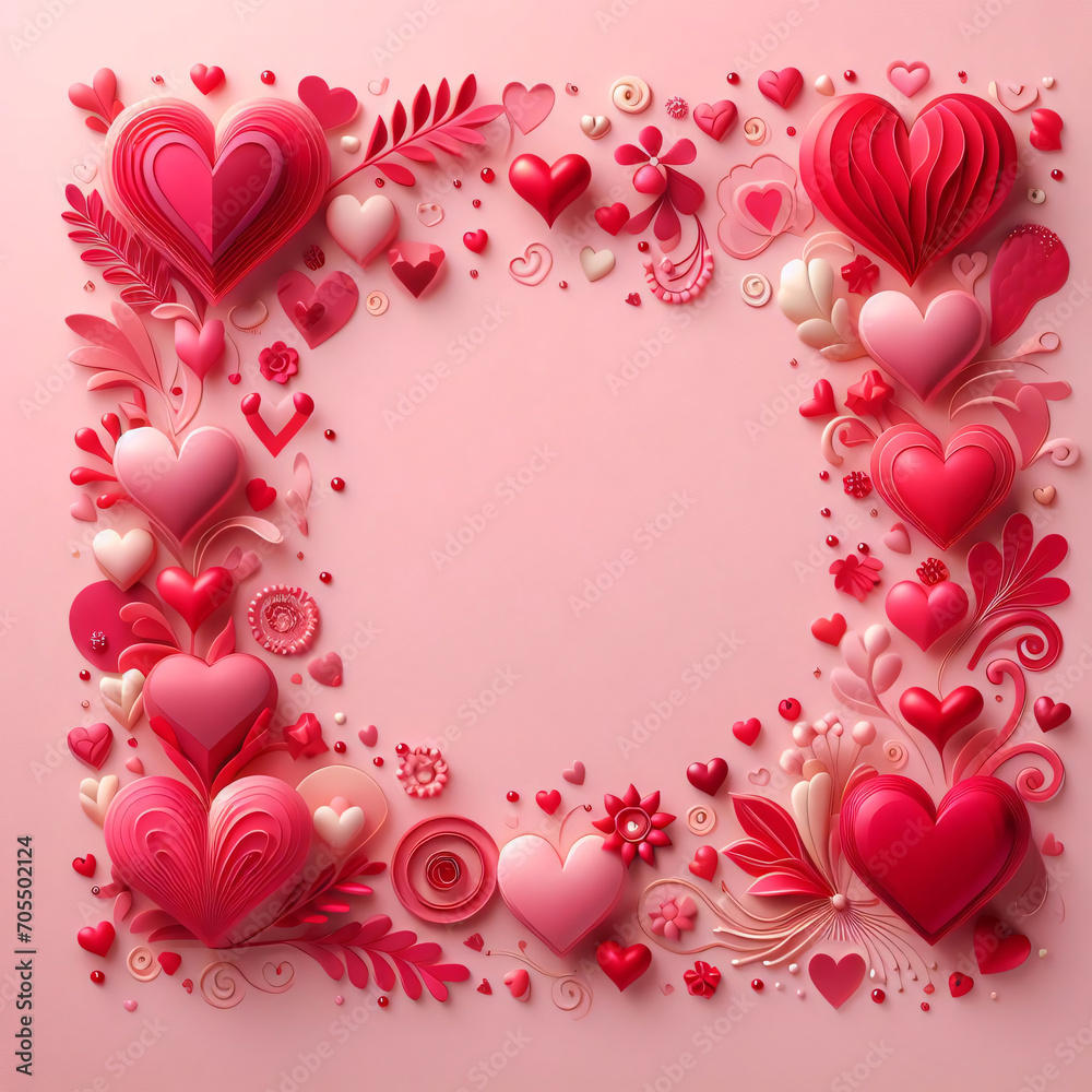 Romantic Symphony: Greeting Card or Banner with a Border of Red Hearts on Pink Background.