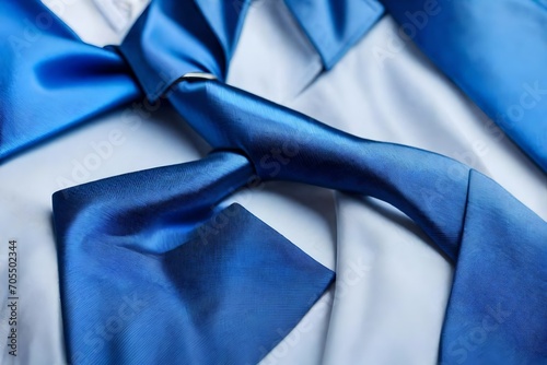 A silk tie in shades of blue on a white dress shirt.