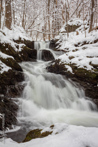 Long exposure photo of snowy waterfall