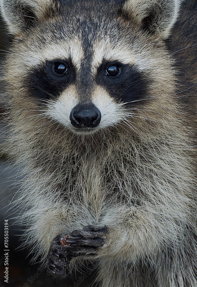 Close-up of a raccoon, a carnivorous mammal with procyonidae family
