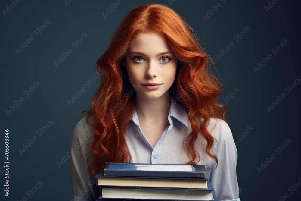 Young woman with red hair holding books, isolated on a grey background. Young woman with red hair holding books, isolated on a grey background.