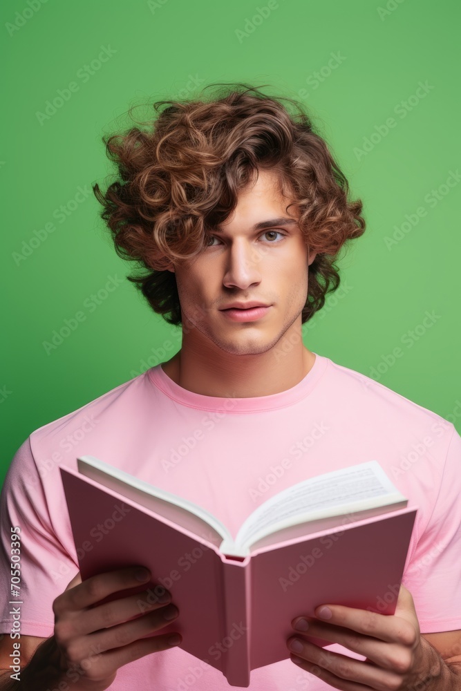 Young man with curly hair reading a book against a green background, wearing a pink shirt, focused and serious expression. Young man with curly hair reading a book against a green background, wearing a pink shirt, focused and serious expression.
