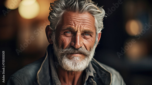 Close up of face old elderly upset unhappy man with a wrinkled face living alone old man looking badass with a bushy white beard