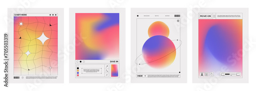 Retro poster or cover template in y2k aesthetic style with fluid color gradient background and grid abstract shape elements and text. Vector set of banner template in pastel iridescent colors.