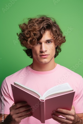 Young man with curly hair reading a book against a green background, wearing a pink shirt, focused and serious expression.