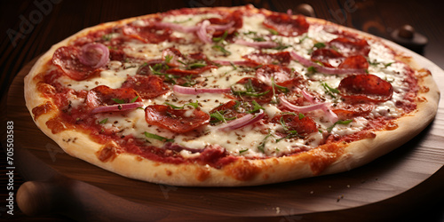 Delicious fresh pizza with vegetables and spices on wooden pizza board on table,, Pizza with salami, mushrooms and tomatoes on a dark background