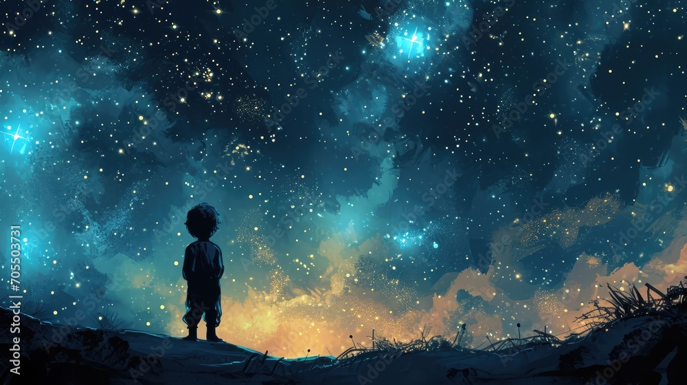 Cartoon little boy standing looking at a sky full of stars, AI generated Image