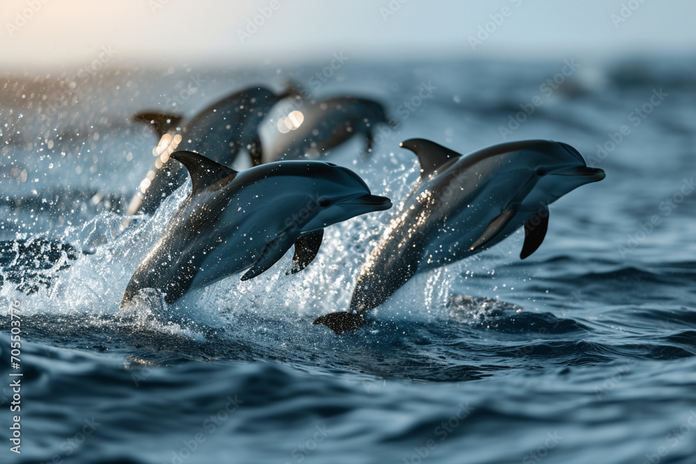 Obraz premium Pod of Dolphins Leaping Together Over Ocean Waves