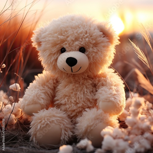   teddy bear in a field looking at sunset,Teddy Day, Propose day, Valentines day © CREATIVE STOCK