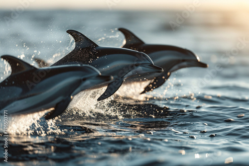 Pod of Dolphins Leaping Together Over Ocean Waves