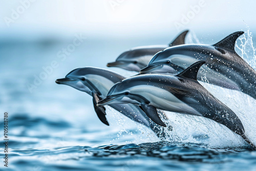 Pod of Dolphins Leaping Together Over Ocean Waves