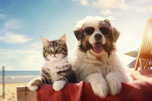 A cat and dog with sunglasses pose on a sunny beach. Witness their adorable friendship captured by AI Generative studio art. © Alisa