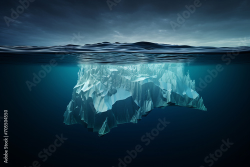 Explore the depths of nature, an underwater view reveals the tip of a colossal iceberg floating in the sea. AI Generative.