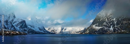 Norwegian fjord and mountains in winter. Lofoten islands, Norway