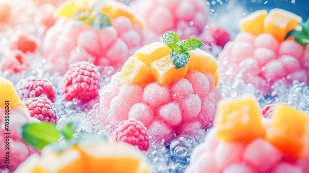 Ice cream dessert with fruit, raspberry and melon, National Frozen food Day celebration, March, food concept, generative ai