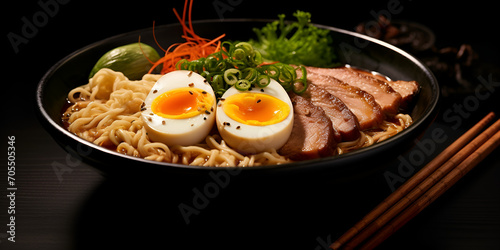 Traditional Korean ramen soup with kimchi,, Healthy eating Gourmet vegetarian meal, cooked soup with fresh vegetables