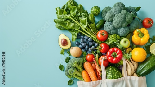 Fresh organic vegetables on blue pastel background for a balanced diet. Healthy food concept. Copy space. veganuary 