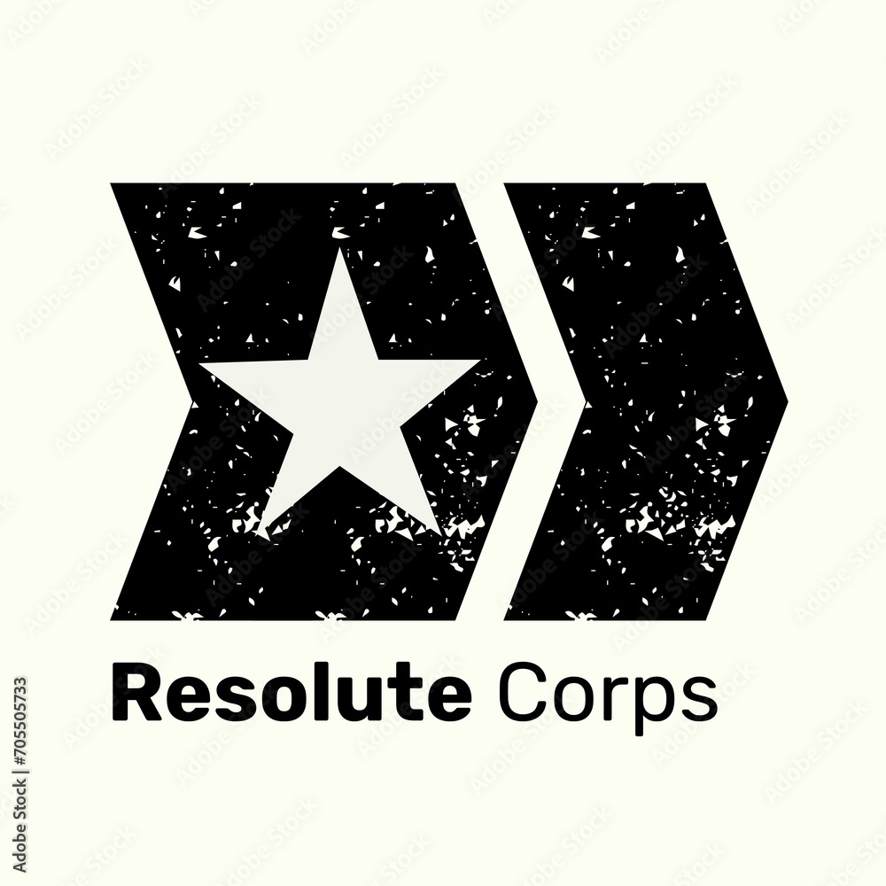 Fototapeta premium Resolute corps text in black with distressed black chevrons and cut out star logo on off white