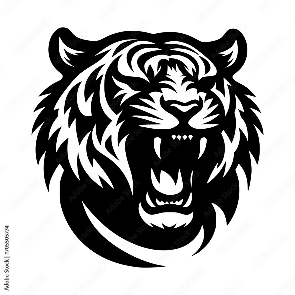 Vector logo of a roaring tiger. Black and white illustration of tiger hiss. vector logo for brand, emblem, tattoo.