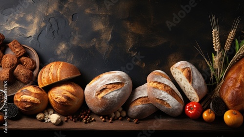 Various dry breads on a stone table. Top view