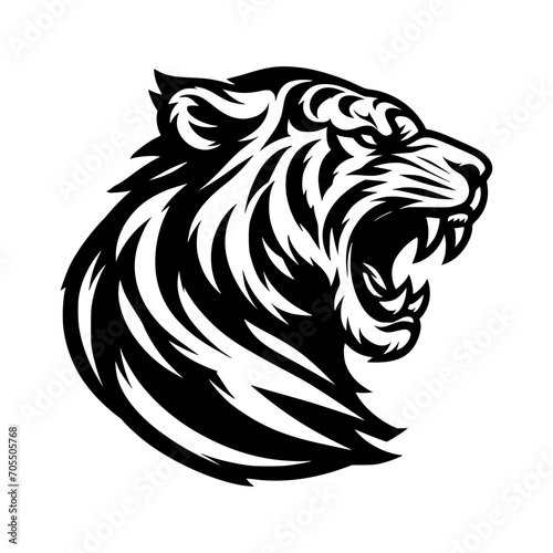Vector logo of a roaring tiger. Black and white illustration of tiger hiss. vector logo for brand, emblem, tattoo.
