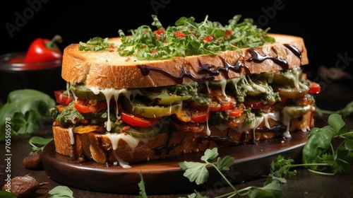 Vegetable Toste Sandwich on wooden plate with onions, tomatoes capsicums, green sauce.