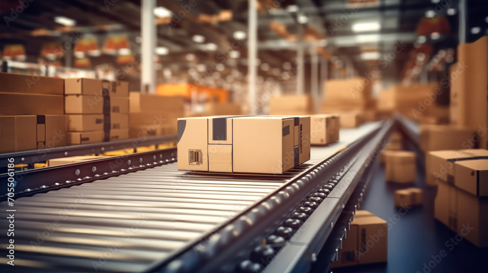 Parcel delivery, packaging and parcel services, cardboard boxes on a conveyor belt in a warehouse, transportation system concept image. Parcel delivery, packaging and parcel services, cardboard boxes on a conveyor belt in a warehouse, transportation system concept image.