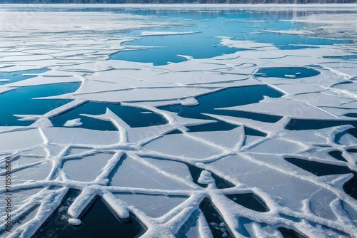 Icy patterns on a frozen lake's edge.