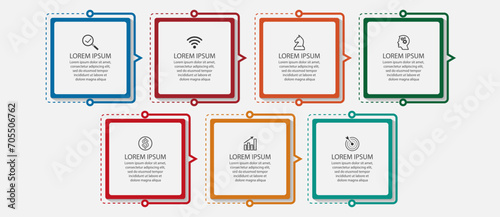 business infographic design 7 parts or steps, there are icons, text and numbers, square design with thin colored lines that are connected to each other for workflow diagrams, banners and your business