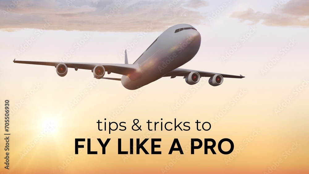 Fototapeta premium Tips and tricks to fly like a pro text with jet plane flying in sunset sky