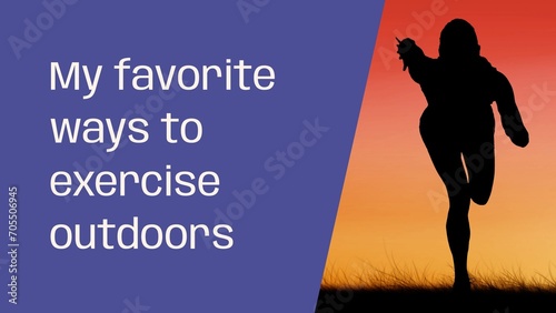My favorite ways to exercise outdoors text on blue silhouette of woman running at sunset