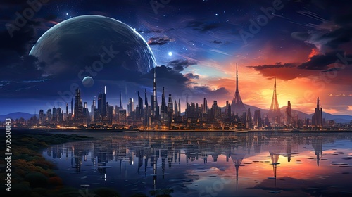 Utopia Anime Futuristic City Skyline Scenery Art Illustration. Sustainable Buildings Science Fiction Conceptual Background. Future Life AI Neural Network Digital Painting Generated Art