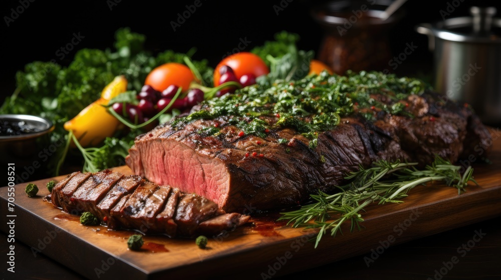 marinated grilled beef flank steak on wooden board - obrazy, fototapety, plakaty 