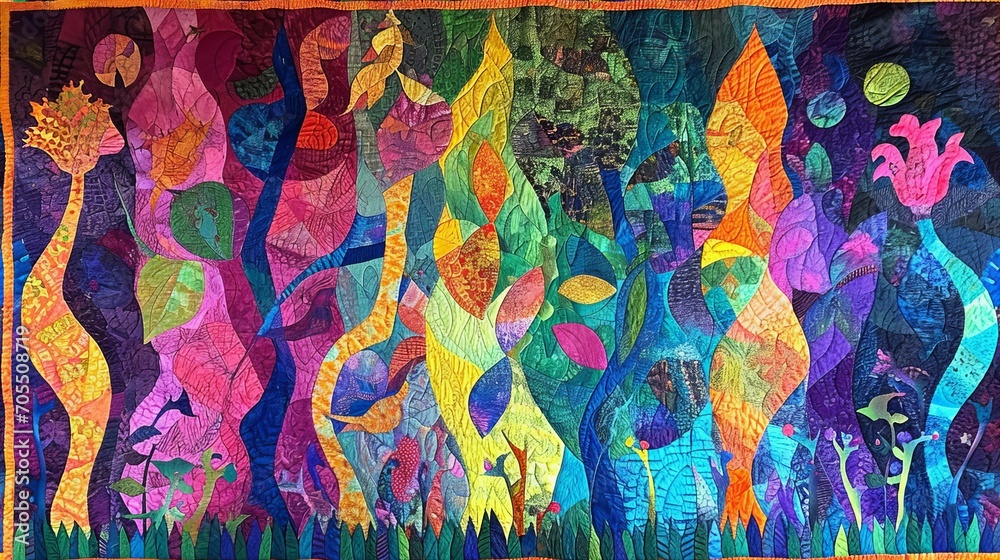 Vibrant patchwork quilt,  Geometric patterns,  