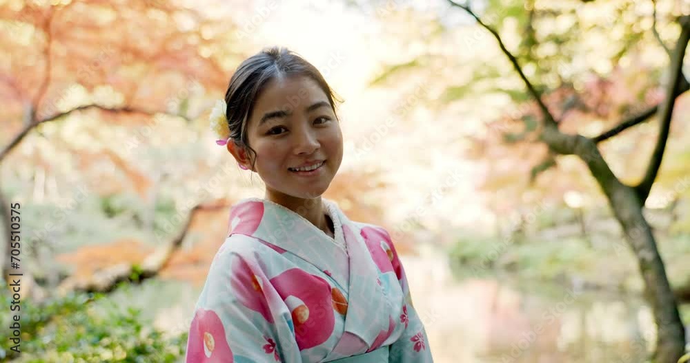 Japanese fashion, kimono and face of girl outdoor in garden or forest with a smile. Traditional, style and happy portrait of woman in culture dress robe and relax in nature, woods or park with pride Japanese fashion, kimono and face of girl outdoor in garden or forest with a smile. Traditional, style and happy portrait of woman in culture dress robe and relax in nature, woods or park with pride
