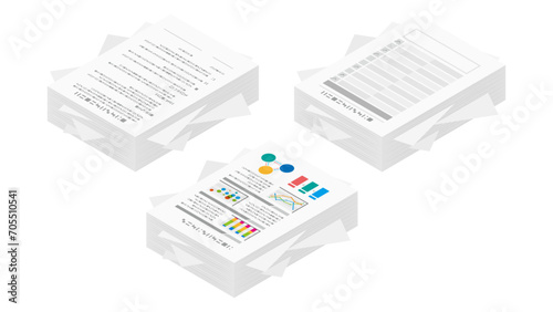 ３種のアイソメトリックな書類の山のベクターイラスト素材のセット　ベクター／透過PNG／白背景JPEG