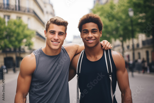 Two boys smile while posing to take a photo while on vacation visiting the city