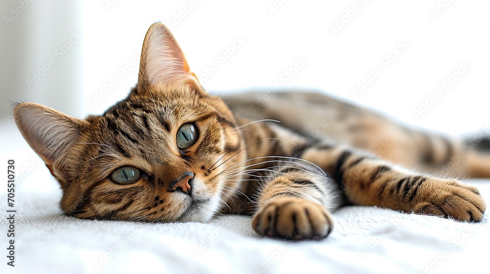 Bengal Cat Lies On White Background, Desktop Wallpaper Backgrounds, Background HD For Designer