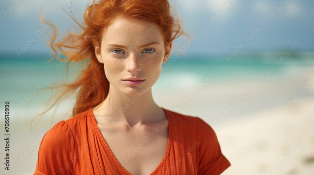 Portrait of a beautiful young woman with orange hairs and outfit at white sand beach looking at the camera
Portrait of a beautiful young woman with orange hairs and outfit at white sand beach looking at the camera