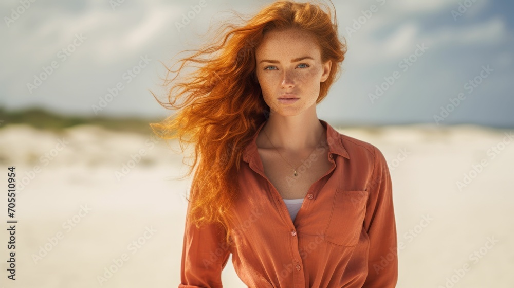 Obraz premium Portrait of a beautiful young woman with orange hairs and outfit at white sand beach looking at the camera 