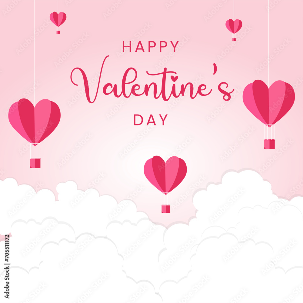 Gift boxes with heart balloon floating it the sky, Happy Valentine's Day banners, paper art style. Vector illustration.
